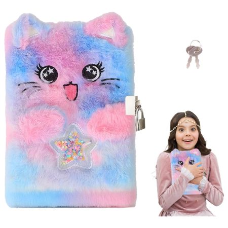 Journal Intime Fille Chat Mignon avec Serrure et Clé - Carnet Secret Peluche Douce 21,5x15,5 cm Rose Bleu - Cadeau Anniversaire Scolaire Voyage