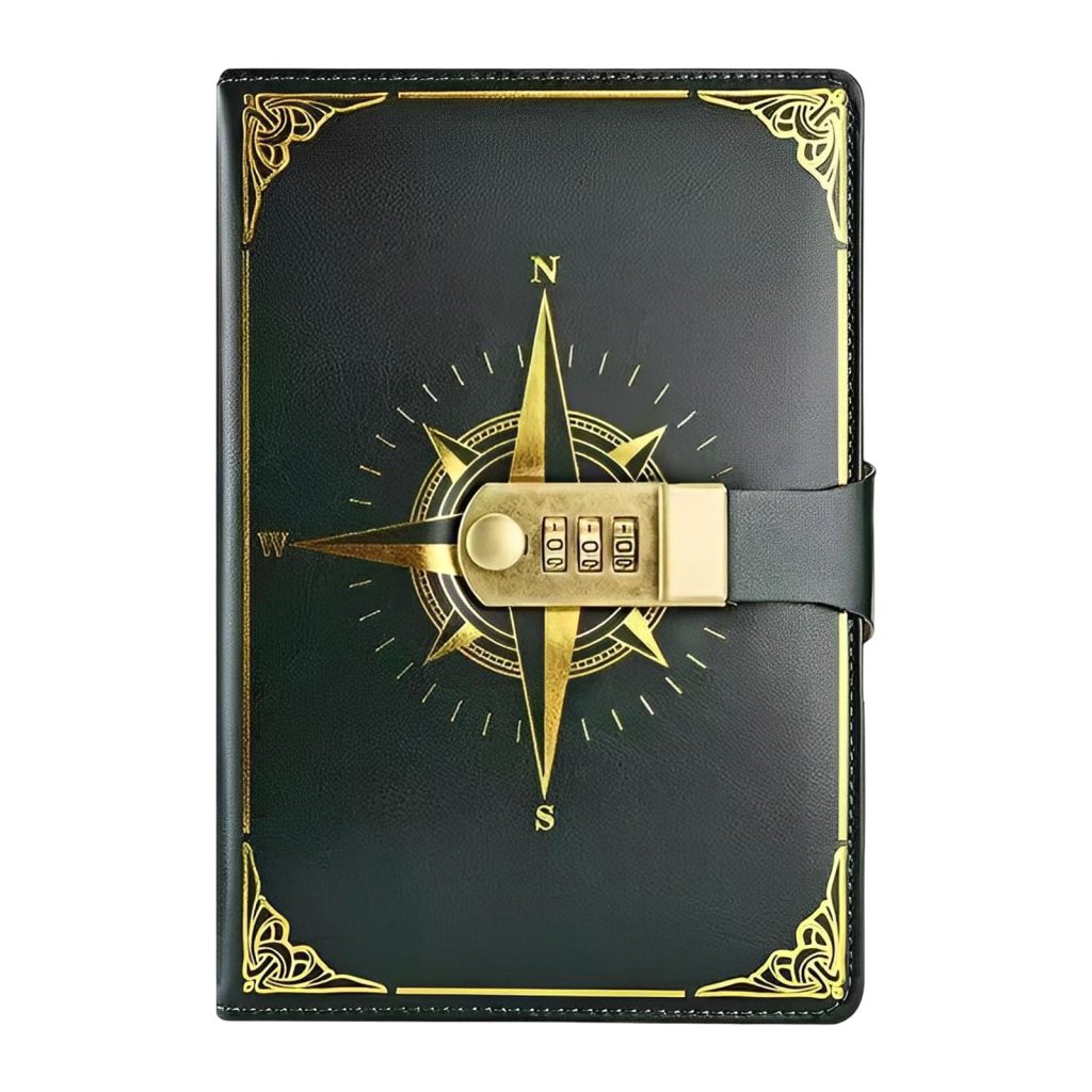 Carnet de Notes Intime en Cuir PU avec Serrure à Combinaison - Modèle Boussole Vert A5