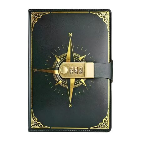 Carnet de Notes Intime en Cuir PU avec Serrure à Combinaison - Modèle Boussole Vert A5