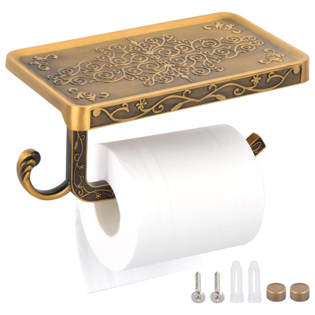 Porte-Papier Toilette Mural Rétro Vintage Doré avec Étagère et Support Rouleau en Aluminium