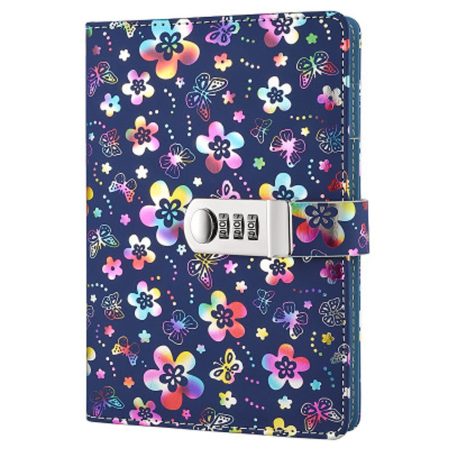 Carnet de Notes Ligné en Cuir PU avec Serrure à Combinaison - Motif Floral Coloré