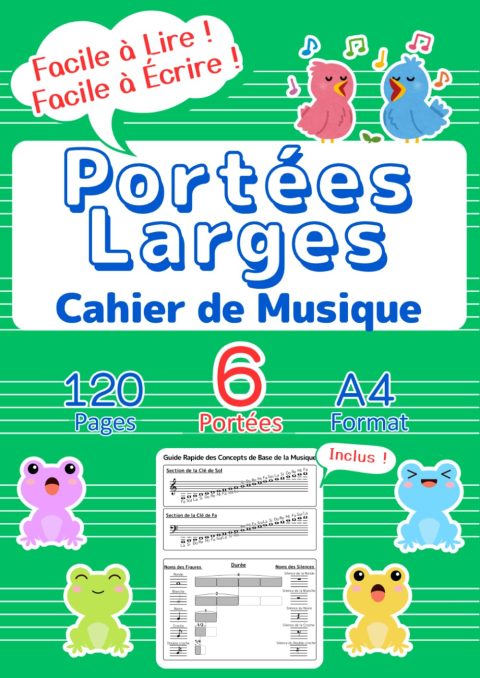 Cahier de Musique pour Enfants - Apprentissage Musical Ludique - Format A4 - 6 Portées Larges - Guide Débutant - Vert