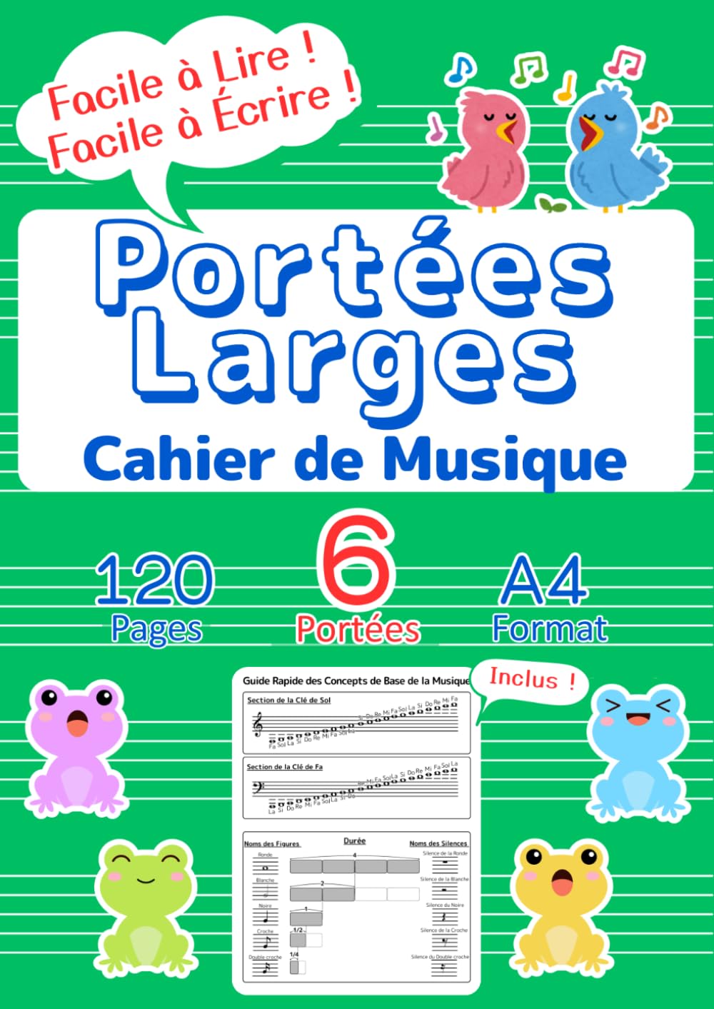 Cahier de Musique pour Enfants - Apprentissage Musical Ludique - Format A4 - 6 Portées Larges - Guide Débutant - Vert