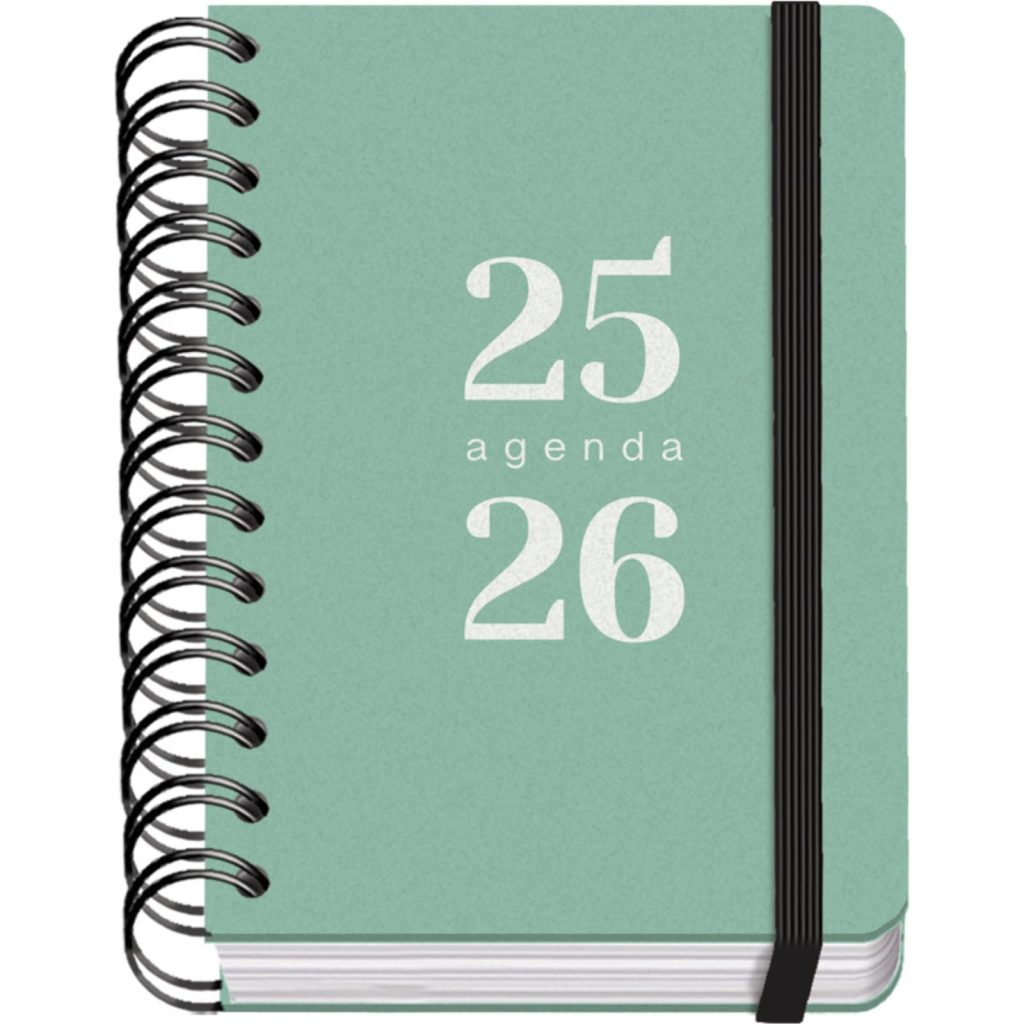 Agenda Scolaire 2025-2026 A6 (12x17 cm) - Page par Jour, Bilingue Espagnol/Anglais, Spirale, Élastique, Autocollants - GRAMMAR Vert