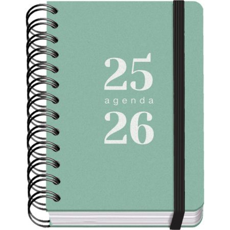 Agenda Scolaire 2025-2026 A6 (12x17 cm) - Page par Jour, Bilingue Espagnol/Anglais, Spirale, Élastique, Autocollants - GRAMMAR Vert