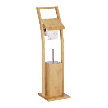 Relaxdays Ensemble WC Bambou et Acier Inoxydable : Brosse WC et Porte-Papier Autonome