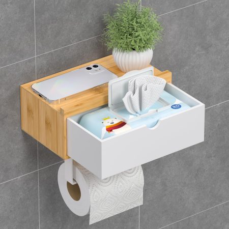 Porte-rouleau papier toilette bambou avec étagère et boîte lingettes - Montage mural sans perçage ou vis