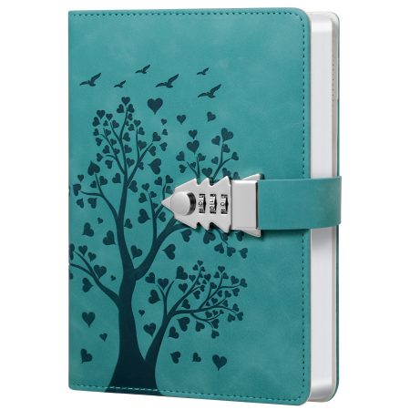 Journal Intime Cœur Verrouillable avec Arbre et Serrure – 244 Pages A5, Similicuir Bleu-Vert