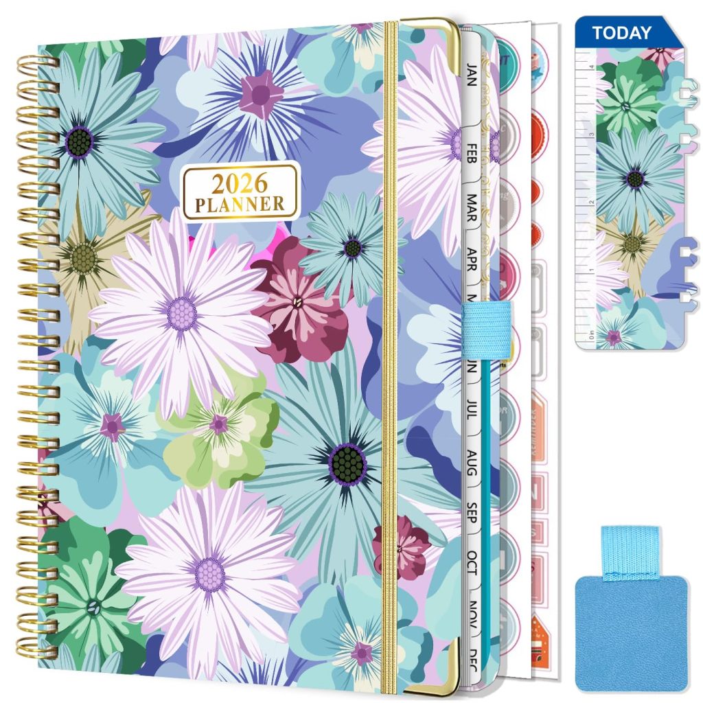 Gumiho Agenda Semainier 2026 A5 Spirale - Planner Annuel Janvier-Décembre 2026 avec Stylo, Règle et Autocollants - Bleu