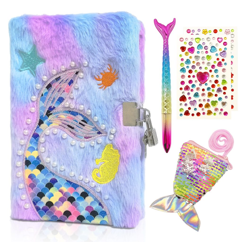 Lot de 4 Sirènes : Journal Intime Fille avec Cadenas, Carnet Peluche A5, Portefeuille Sequins, Stylo & Autocollants