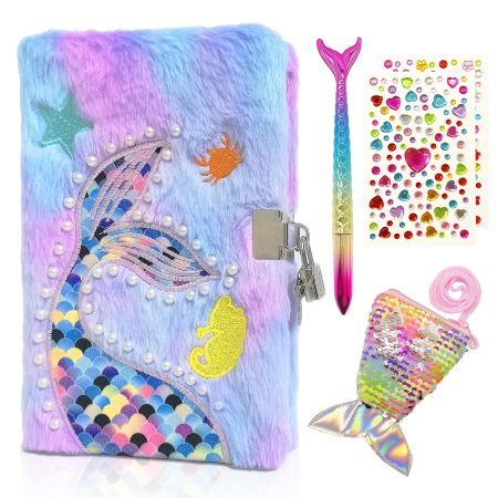 Lot de 4 Sirènes : Journal Intime Fille avec Cadenas, Carnet Peluche A5, Portefeuille Sequins, Stylo & Autocollants