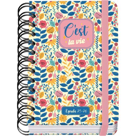 Agenda Scolaire 2025-2026 A6 "C'est La Vie" - Page Par Jour, Bilingue Espagnol/Anglais, Spirale, Élastique, Couverture Rigide, Autocollants