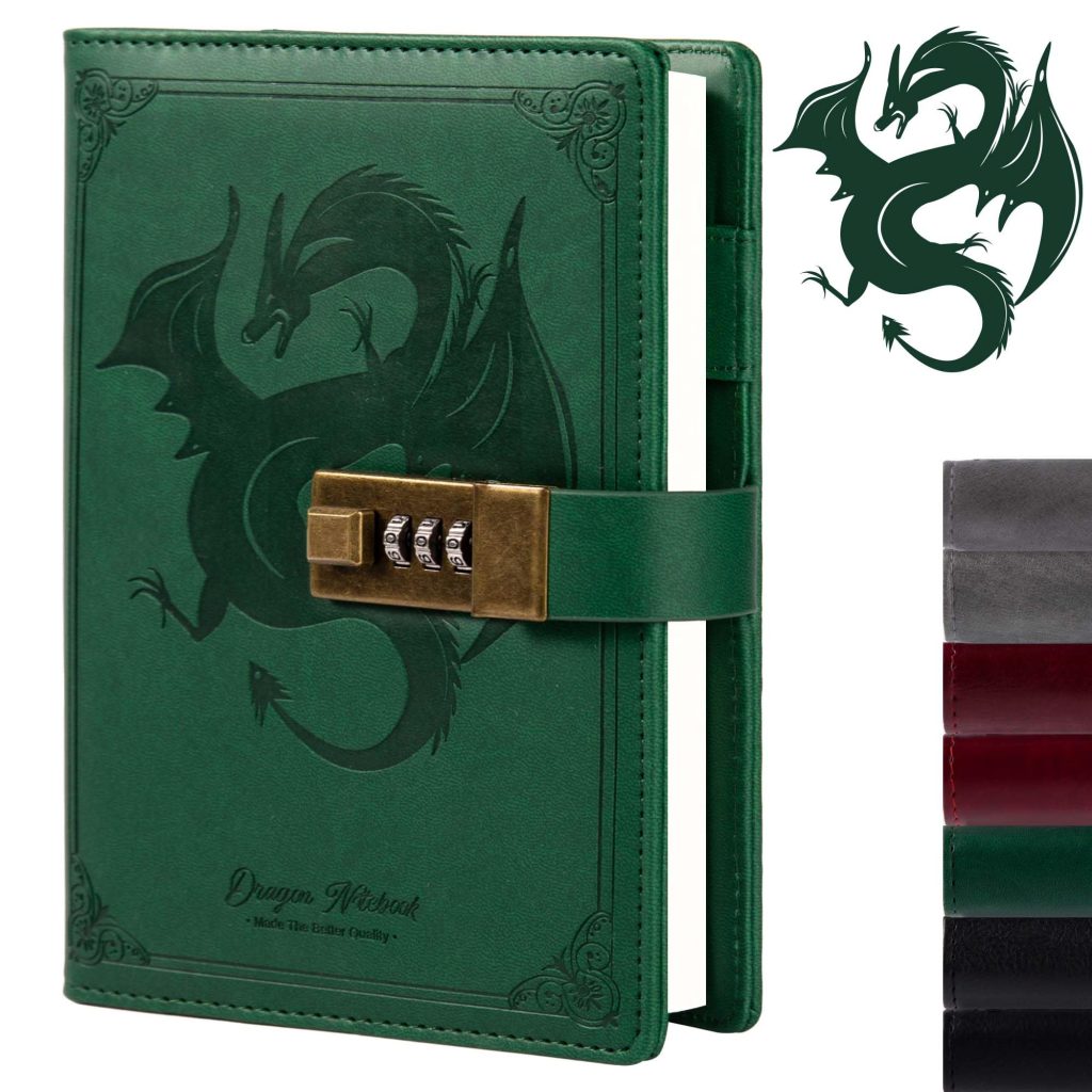 TIEFOSSI Carnet de Notes en Cuir Dragon - Couverture Rigide, Rechargeable, avec Cadenas à Combinaison - Idéal pour Hommes, Femmes et Enfants - Vert