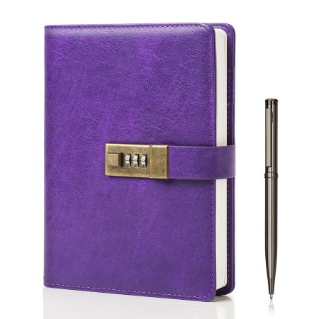 WEMATE Journal Intime à Code PIN, A5 Carnet en Cuir PU Vintage avec Serrure, 240 Pages Rechargeables, Idéal pour Garçons et Filles, Bureau et École, Violet