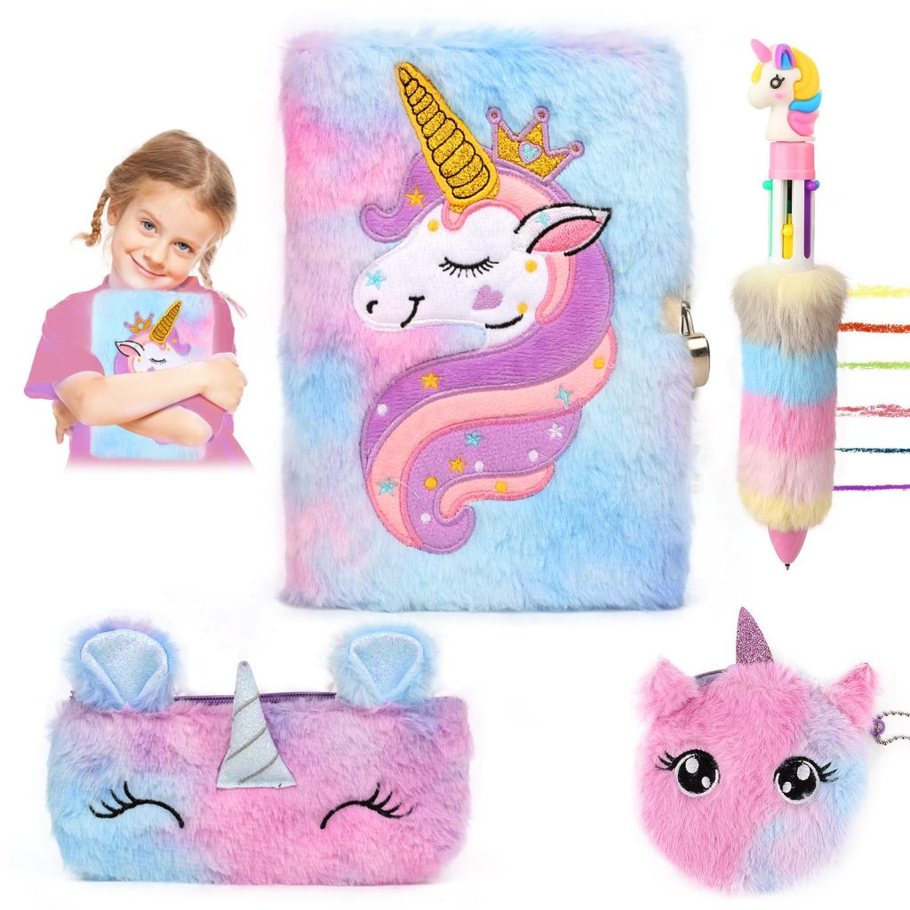 VFANDV Journal Intime Fille avec Cadenas - Cahier Licorne Peluche et Stylo Multicolore - Agenda Secret Cadeau Noël 3-9 Ans (Violet)