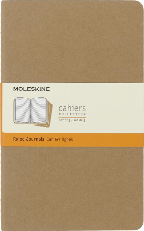 Cahier Moleskine Journal - Lot de 3 carnets lignés marron, couverture carton, couture visible, 80 pages, format Large 13 x 21 cm