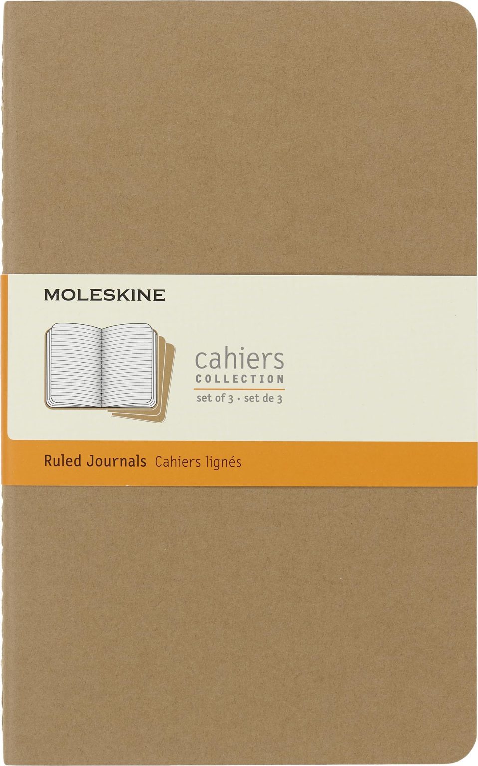Cahier Moleskine Journal - Lot de 3 carnets lignés marron, couverture carton, couture visible, 80 pages, format Large 13 x 21 cm