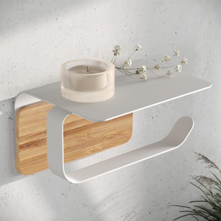 KAZAI.® Porte-Rouleau Papier Toilette Leif avec Étagère - Acier Inoxydable & Bambou - Fixation Murale Auto-adhésive sans Percage - Blanc Mat