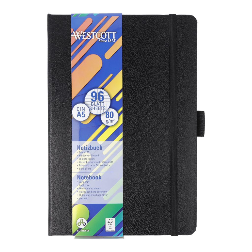 Westcott Carnet de Notes A5 Quadrillé - 192 Pages, Couverture Rigide, Porte-Stylo, Marque-Page