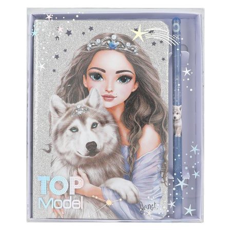 TOPModel Carnet de Notes Argenté et Bleu Scintillant avec Motif Loup - 160 Pages Lignées, Crayon Inclus