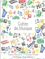 Cahier de musique A4 – Carnet de partitions vierges débutant, Seyes grands carreaux, 7 portées/page, 110 pages, couverture licorne
