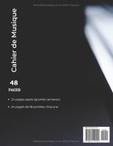 Cahier de musique grand format 21,6 x 27,9 cm – 48 pages – 12 portées par page – Pages alternées Seyès et portées – Couverture souple mate – Papier 90 g/m²