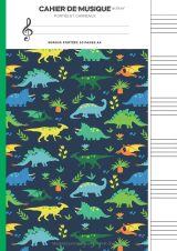 Cahier de musique A4 – 6 grosses portées, 50 pages – Partitions vierges pour solfège, chant et composition – Thème Dinosaures