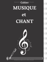 Cahier Musique et Chant – Solfège et Composition, Grand Format 21,59 x 27,94 cm – 108 pages – Pages lignées & 12 portées – Index – Couverture noire brillante