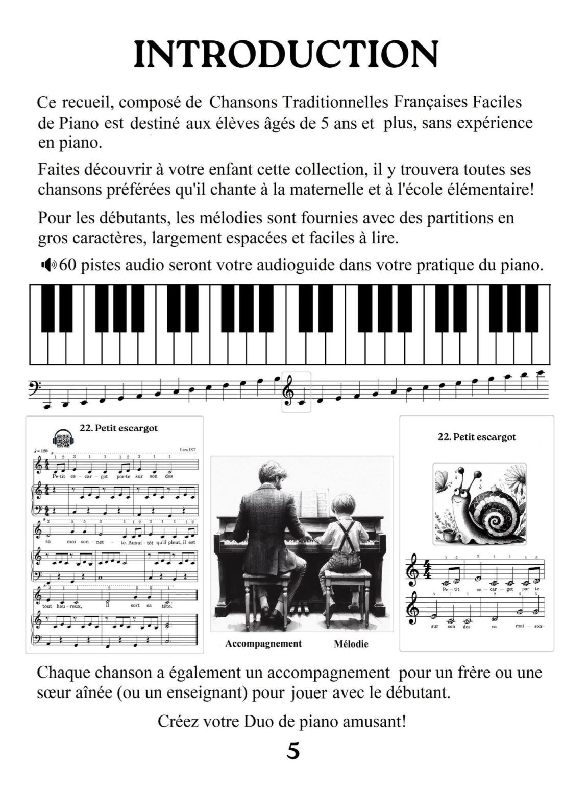 Chansons Traditionnelles Françaises Faciles pour Piano Débutant : 60 Morceaux avec Accompagnements et Pistes Audio