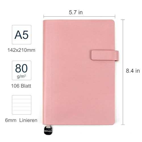 Carnet A5 à couverture souple rose, 106 pages lignées, idéal pour l'école, le bureau et les voyages