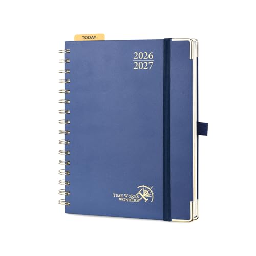 Agenda Semainier POPRUN A5 2026-2027 : Planificateur Vertical Scolaire 17 Mois, Couverture Rigide, Spirale, Règle-Signet, Papier 80g/m², Bleu Marine