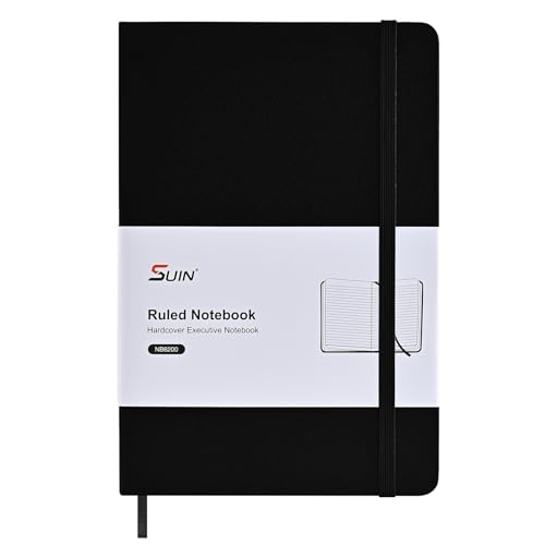 SUIN Carnet Professionnel A5 Couverture Rigide Lignée - Idéal Travail, École, Prise de Notes - Papier 100 g/m², Noir