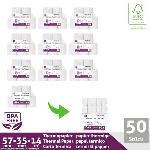 Rouleaux TPE Thermiques LYNNE - Lot de 50 Bobines pour Terminal de Paiement CB - 57x35x12mm - Sans BPA