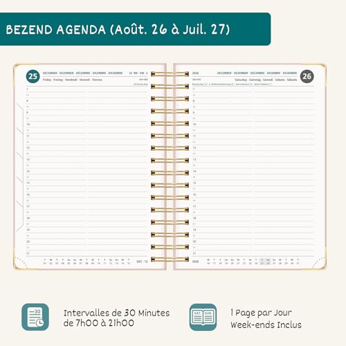 Agenda Scolaire A5 BEZEND 2026-2027 : Planification Journalière, Mensuelle et Annuelle avec Spirale et Couverture Florale