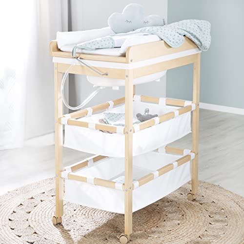 Roba Table à Langer Baignoire 2-en-1 Baby Pool avec Matelas Imperméable et Compartiments - Bois Naturel
