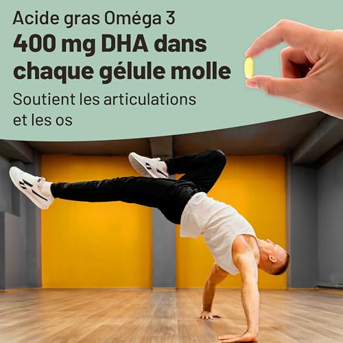Omega 3 Vegan : Huile d'algues haute concentration DHA (400mg/capsule) - 60 capsules pour 2 mois - Alternative végétale au foie de morue