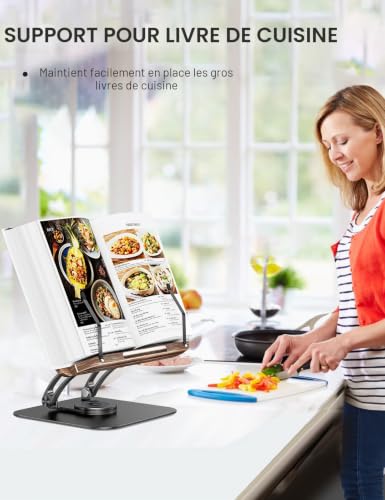 Tounee Support de Livre Réglable avec Rotation 360° - Idéal pour Livres de Recettes et Lecture Mains Libres