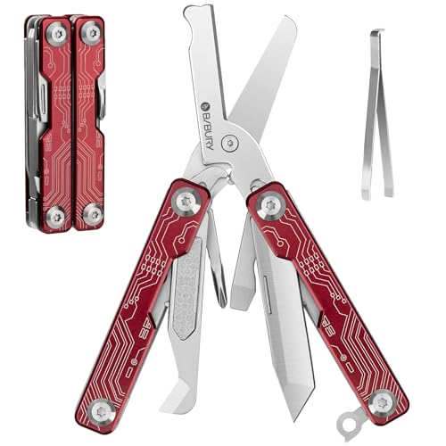 BIBURY Multitool EDC Rouge - Couteau Multifonction Compact avec Ciseaux, Brise-vitre, Tournevis, Lime - Gadget Essentiel et Cadeau Idéal pour Homme