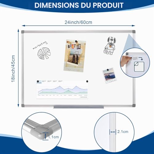 SWANCROWN Tableau Magnétique Blanc Effaçable 60x45 cm avec Cadre Aluminium - Idéal Bureau et École