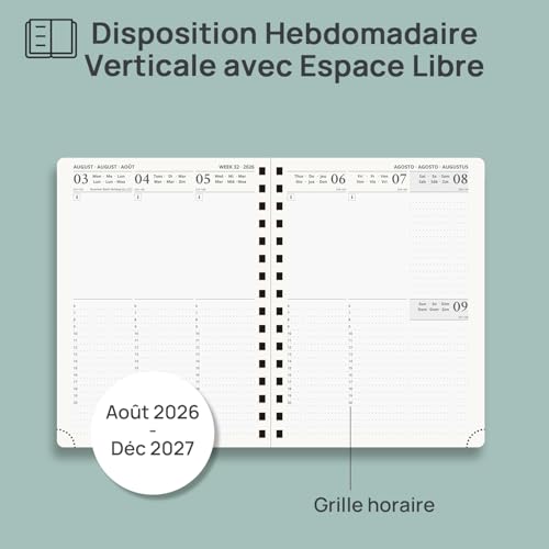 Agenda Semainier POPRUN A5 2026-2027 : Planificateur Vertical Scolaire 17 Mois, Couverture Rigide, Spirale, Règle-Signet, Papier 80g/m², Bleu Marine