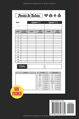 Carnet de Score Belote : 100 Fiches de Jeux pour Calculer et Compter les Points de la Belote Classique | Règle du Jeu Incluse | Cadeau Idéal pour Joueur Passionné