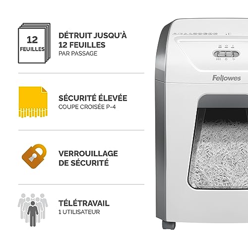 Fellowes Powershred FS-12C : Destructeur de Documents Personnel Coupe Croisée, Sécurité P4, 19L, 12 Feuilles
