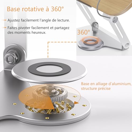 Support de Livre en Bois Réglable avec Rotation 360° - Idéal pour Recettes, iPad, Tablette et Documents
