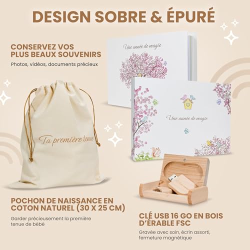 Livre de naissance bébé avec clé USB et pochon – Album photo souvenirs numérique et première tenue, idéal cadeau naissance fille et garçon