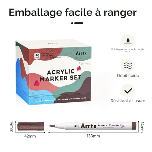Arrtx 90 Marqueurs Acryliques Couleur Pointe Pinceau - Idéal Artistes Adultes Peinture Roche Bois Toile Loisirs Créatifs