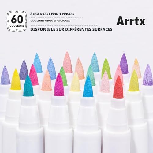Arrtx Lot de 60 Marqueurs Peinture Acrylique Imperméables Pointe Pinceau pour Pierre, Verre, Bois, Toile - Couleurs Vives pour DIY