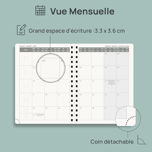 Agenda Semainier POPRUN A5 2026-2027 : Planificateur Vertical Scolaire 17 Mois, Couverture Rigide, Spirale, Règle-Signet, Papier 80g/m², Bleu Marine