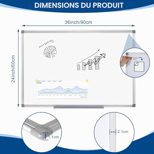 SWANCROWN Tableau Blanc Magnétique 90x60 cm Aluminium - Effaçable à Sec pour Bureau et Maison