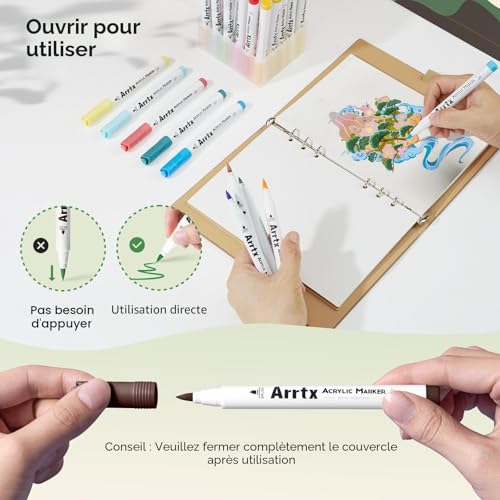 Arrtx 90 Marqueurs Acryliques Couleur Pointe Pinceau - Idéal Artistes Adultes Peinture Roche Bois Toile Loisirs Créatifs