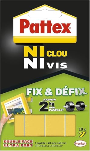 Pattex Ni Clou Ni Vis Fix & Défix : Pastilles adhésives puissantes et repositionnables pour toutes surfaces
